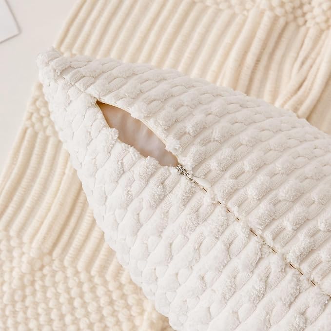 Kevin Textile Soft Corduroy 14"x24" Lumbar Pillow Cover 1 Pack, Pure White | Boho Stripe Plush Corduroy Decorative Oblong Cushion Cover Modern Farmhouse Home Decor for Sofa Couch Bed Chair