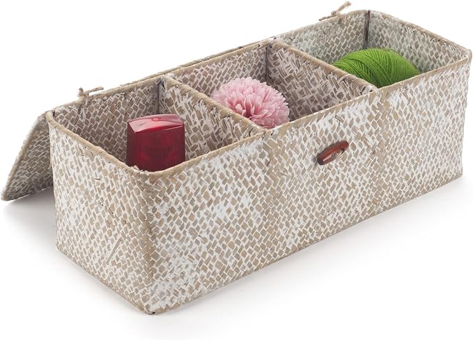 Seagrass Storage Basket with Lid Rectangular Small Woven Shelf Baskets with Sections for Organize Snack Toys Whitewash