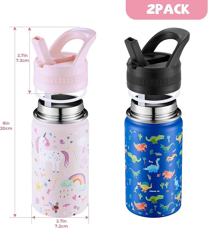 2 Pack Kids Water Bottle,14oz Stainless Steel Insulated Water Tumbler Leak-Proof,School Water Mug,Small and Portable,Suitable for Boys and Girls to Use(Blue dinosaur + Pink unicorn)