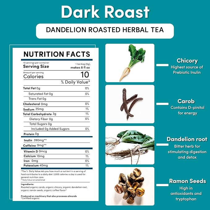Teeccino Dandelion Tea – Dark Roast – Rich & Roasted Herbal Tea That’s Caffeine Free & Prebiotic with Detoxifying Dandelion Root, 10 Tea Bags (Pack of 4)