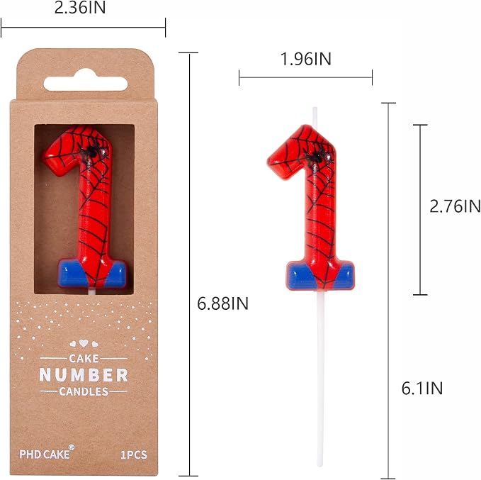 PHD CAKE 2.76 Inch Number 1 Spider Birthday Candles, Spider Cartoon Themed Number Candles, Cake Number Candles, Party Celebration