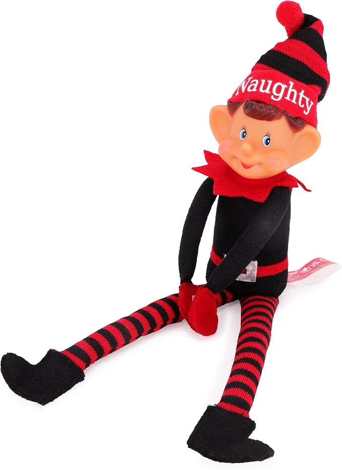 Toyland®️ Elves with Attitude 35cm (14") Red & Black 'Naughty' Elf Soft Toy - Knitted Hat & Legs - Vinyl Cheeky Face & Stick Together Hands - Festive Fun for All!