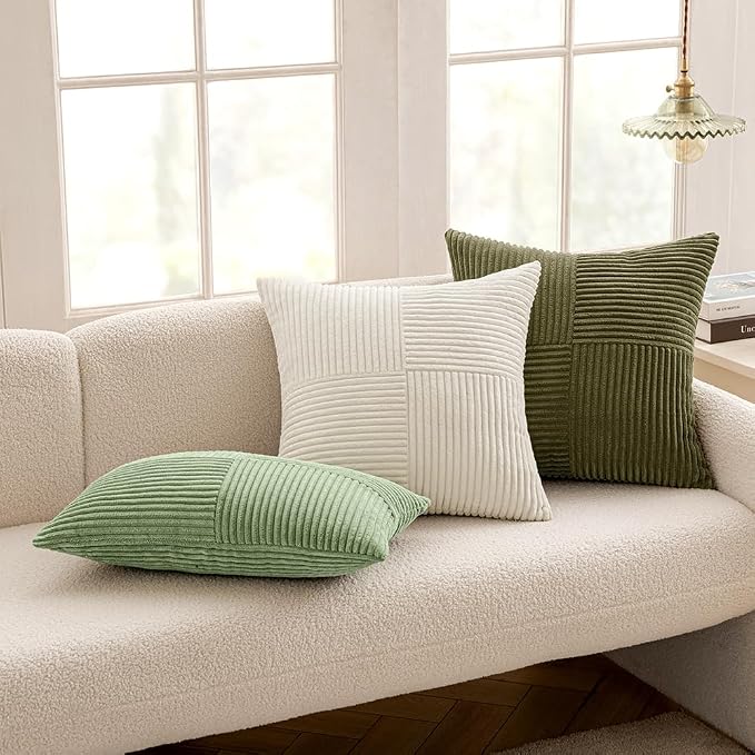 MIULEE Sage Green Decorative Lumbar Throw Pillow Covers 12x20 Inch 2 Pack | Boho Farmhouse Pillow Covers, Soft Cross Corduroy Patchwork Textured Cushion Cases For Bed Sofa