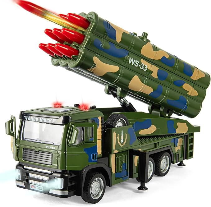 Army Truck Toy, Military Vehicle Toy with 9 Missile Launcher Alloy Cab, Die-cast Army Toy with Lights & Sounds, Birthday Party Gift for 3 4 5 6 Years Old Boys and Girls