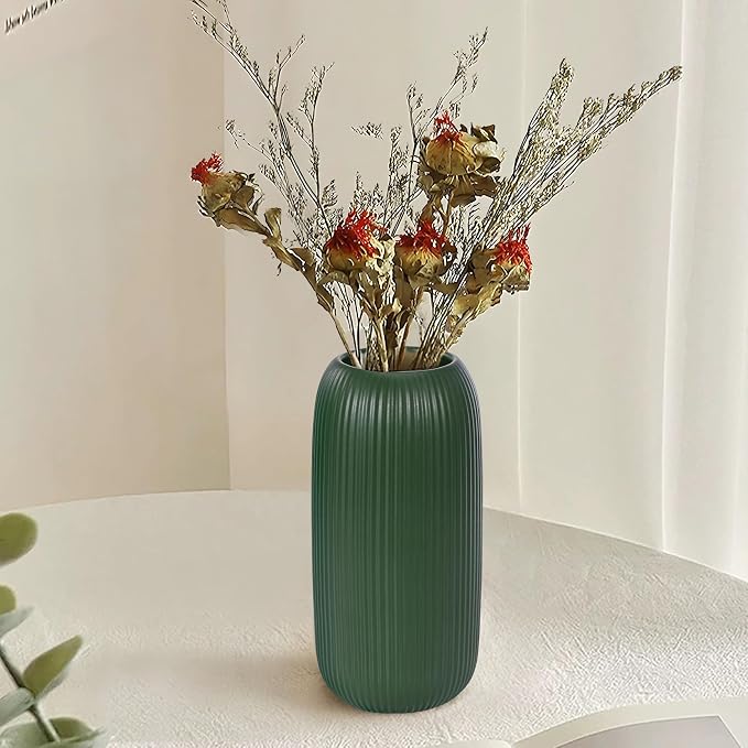 Ceramic Vase for Flowers – Modern Small Ribbed Textured Flower Vase for Home Decor, Pampas Grass, Decorative, Farmhouse, Coffee Table, Kitchen Centerpieces, Bookshelf and Home Living(Green)