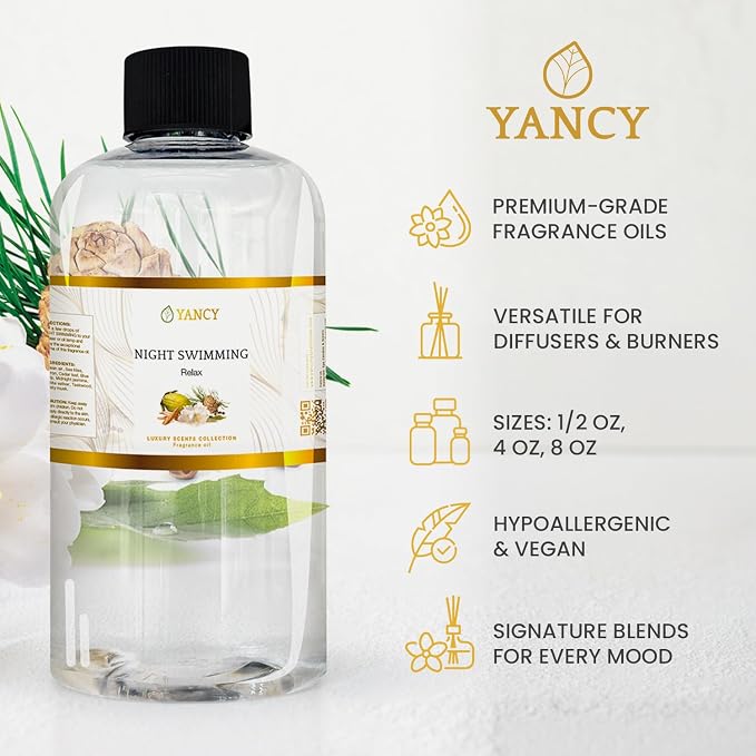 YANCY Night Swimming Luxury Collection Fragrance Oil (8 oz), Fresh Marine and Floral Scent, Soothing Aroma for Diffusers, Oil Burners & Aroma Lamps, Ideal for Nighttime Relaxation