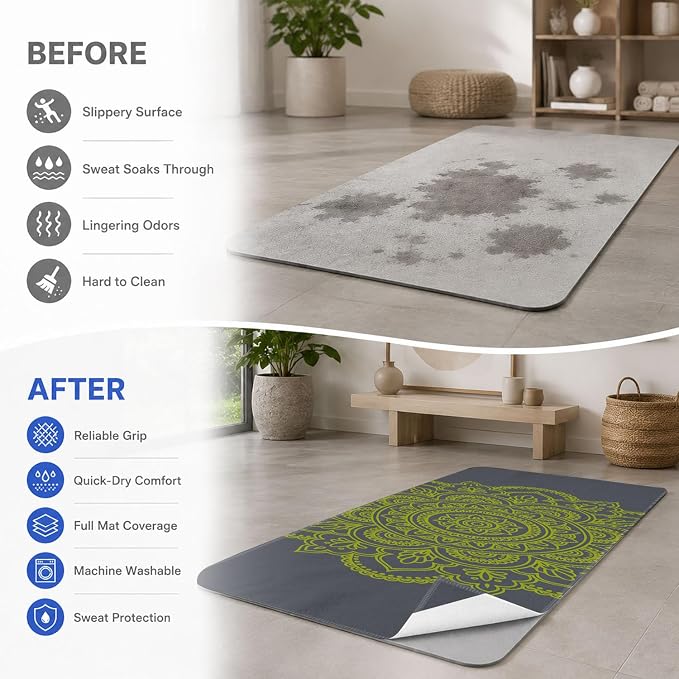 Yoga Mat Towel, Hot Yoga Non Slip with 4 Corner Pockets, 70 x 26 in | Soft Absorbent Microfiber With Four Corner Pockets, Fits Over Yoga Mats For Hot Yoga, Pilates, Gym, And Travel