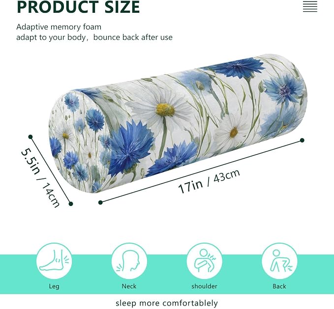 White Daisy Flowers Blue Cornflower Neck Roll Pillow Bolster Round Health Memory Foam Long Cervical Cylinder Pillows with Removable Washable Cover for Body Bed Legs Back Yoga