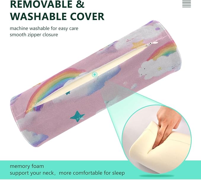 Pink Stars Rainbows Neck Roll Pillow Bolster Round Health Memory Foam Long Cervical Cylinder Pillows with Removable Washable Cover for Body Bed Legs Back Yoga