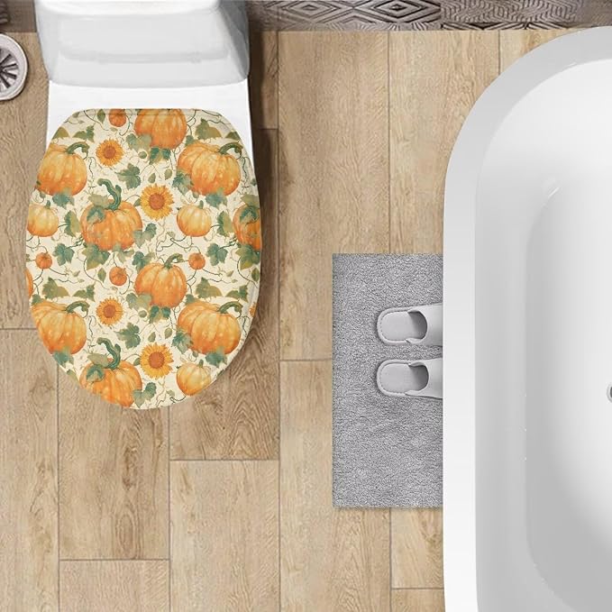 Pumpkins Sunflowers Toilet Lid Cover, Bathroom Decorative Flannel Soft Toilet Lid Cover, Bathroom Accessories Machine Washable Reusable