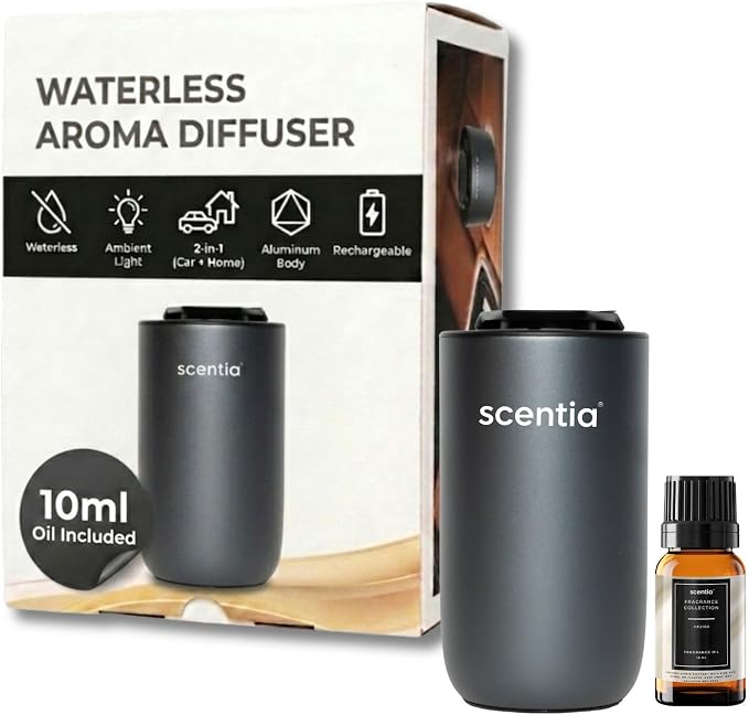 Scentia MiniPod Black Waterless Diffuser for Essential Oil, Smart Car Air Freshener with 3 Mist Levels & 3 LED Light Colors, Auto On/Off Rechargeable, Portable Scent Air Machine