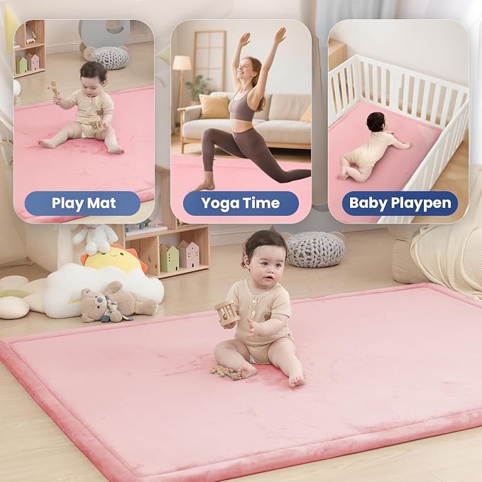 Huloo Sleep Baby Play Mat for Floor,1.3" Thick Elasti-Foam 50x50 Playpen Mat for Toddlers Infant Kids,Water-Repellent Soft Coral Velvet Tummy Time Mats,Non Slip Crawling Mats,Tatami Style(Pink)