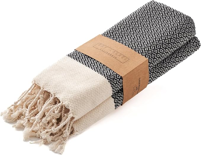 BAY LAUREL Turkish Hand Towel – Pack of 2 | Soft & Absorbent Decorative Towels for Bathroom, Hand, Face, Hair, Gym, Yoga, SPA, Kitchen & Tea | Boho Decor (Black, Diamond 16x40 Inches (Set of 2)