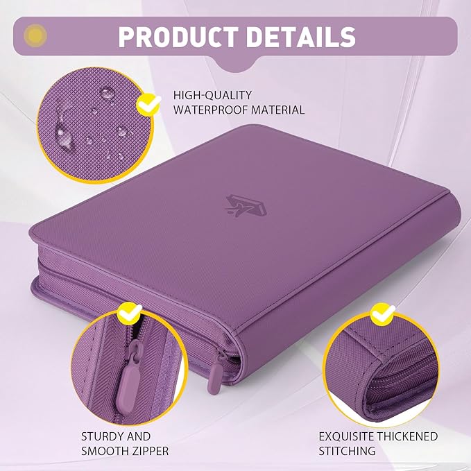 Trading Card Binder 9 Pocket - 180 Cards Capacity, Side Loading Card Album with Zipper Closure, Card Collection Holder for TCG, Game Cards, Sports Cards, Yugioh（Purple）