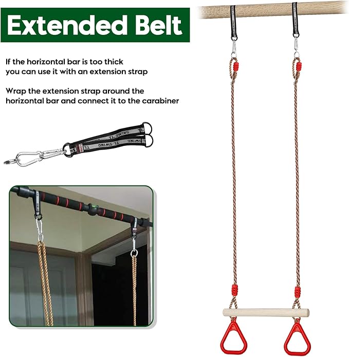 Trapeze Swing Bar with Rings, Wooden Trapeze Swing Bar with Plastic Gym Rings Adjustable Rope, Locking Straps, Outdoor Swing Set Playground Accessories for Kids (Red)