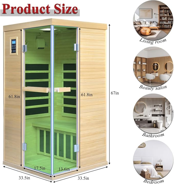 Far Infrared Home 1 Person Indoor Sauna Room 110V/1350W Hemlock Wooden Dry Sauna,Double Opening Tempered Glass Door，Internal and External LCD Controller，Bluetooth Player