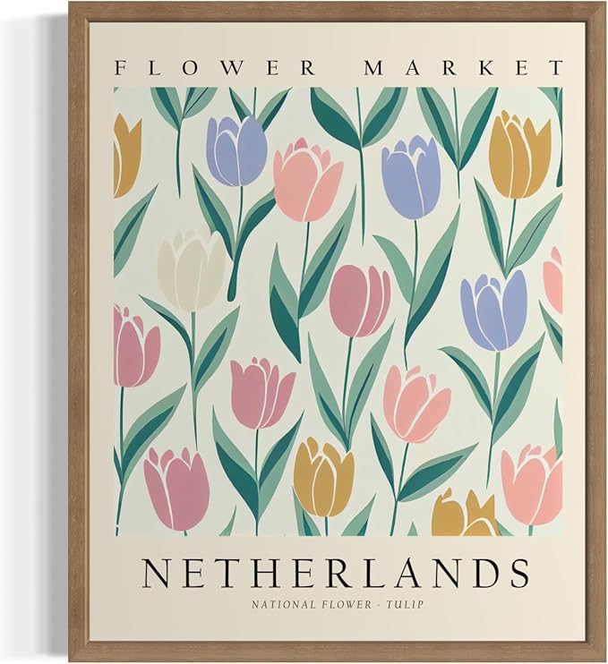 Netherlands Flower Market Art Print Poster, Wall Art Floral Painting Botanical Decor for Bedroom, Kitchen, Bathroom Livingroom Decoration 82B (Netherlands, 14"L x 11"W, Wood Frame)