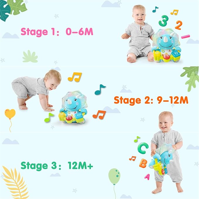 Baby Bilingual Musical Dinosaur Stuffed Animals Toys,Infant Early Learning Toy with Light-Up Music & Crinkle,Tummy Time Toys for 0 3 6 9 12+ Months for Baby Boy Girl Gift