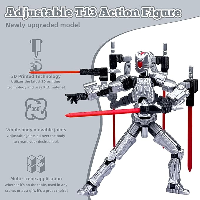 Assembly Completed T13 Action Figure，T13 mision 13 figuras originales 3D Printed Toys Nova 13Action Figures Desktop Decorations for Game Lovers Toy (Silvery, 5.5 Inch)