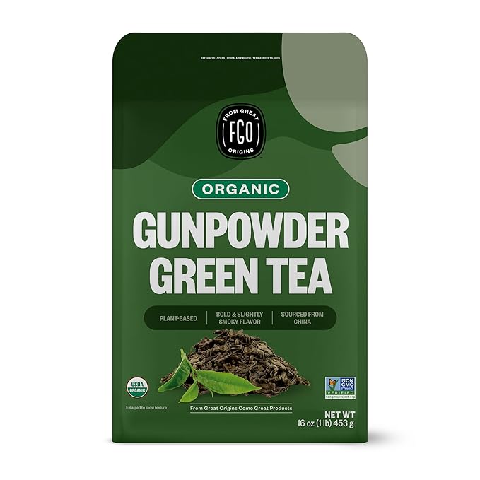 FGO Organic Gunpowder Green Tea, Loose Leaf, 453g Bulk Resealable Bag, Packaging May Vary (Pack of 1)