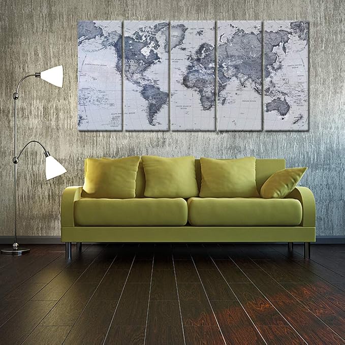 iKNOW FOTO 5 Pieces Vintage World Map Canvas Prints Push Pin Wall Art Decor Trace Travel Marks The Map of The World Antique Framed Picture for Living Room Office 16x40inx5