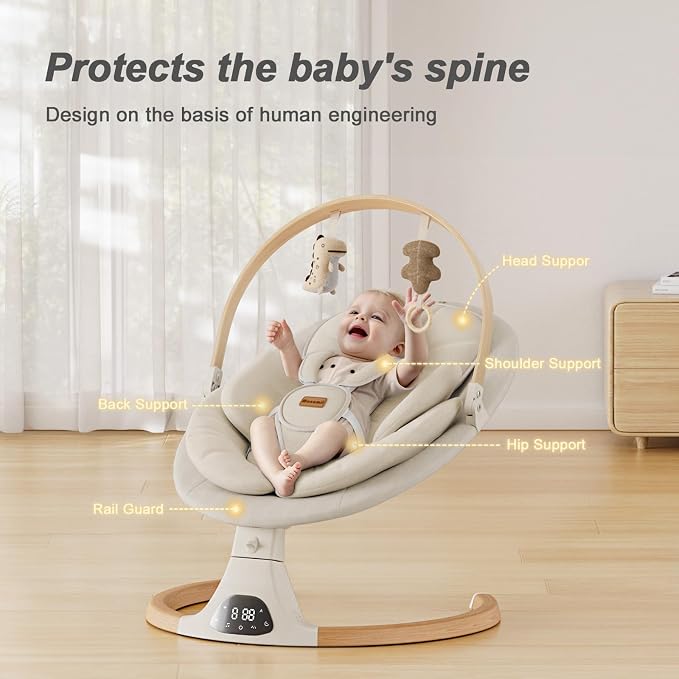 Baby Swings for Infants, Monamii Baby Swing, Bluetooth Infant Swing with Music Speaker, 5 Speeds and Remote Control, Indoor & Outdoor Use (Beige)