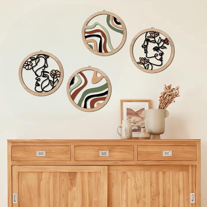 Boho Fashion Woman Wall Decor, Abstract Geometric Line Hanging Wooden Wall Art, 4 Pieces 10''x10'' Minimalist Aesthetic Female Women Face and Floral Wood Sign for Bedroom Living Room, Lady Gift