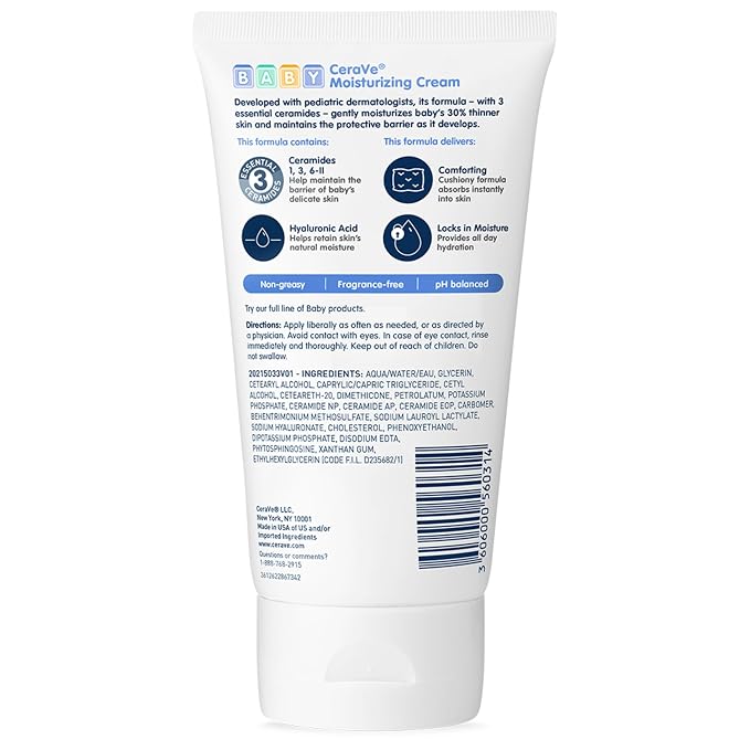 CeraVe Baby Cream, Gentle Moisturizing Cream with Ceramides, Fragrance, Paraben, Dye & Phthalates Free, Rich & Non-Greasy Feel, Gentle Baby Skin Care, 5 Ounce