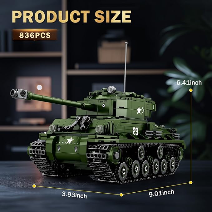 M4A3E8 Sherman Tank Building Set,WW2 Military American Armed Tanks Building Block Set for Military Fans,World of Tanks Authorized Products 77030,Ideal Gift for Adults Boys Kids Age 8+,836 PCS