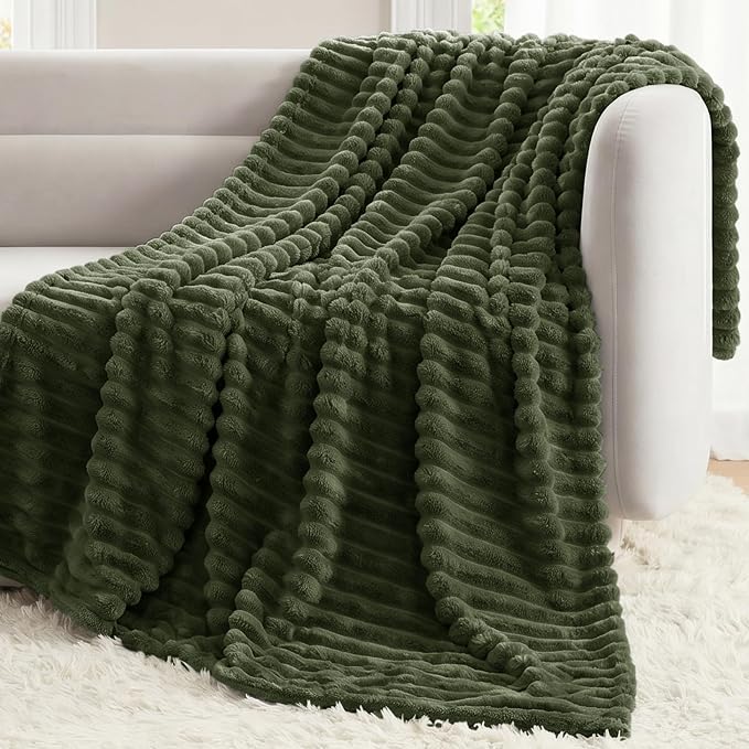 Olive Green Twin Blanket for Bed & Couch, 60 x 80 Inch | 300GSM Ribbed Fleece Blanket, Soft, Cozy & Lightweight, OEKO-TEX Certified, All-Season Use for Travel, Dorm & Home Decor