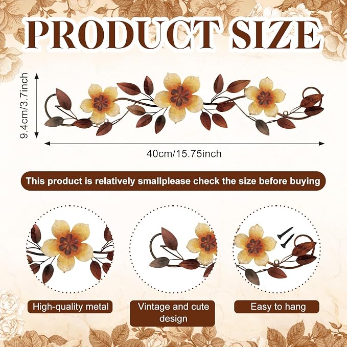 Wesiti Metal Flower Wall Decor Vintage Metal Flower Wrought Iron Scroll Sculpture 15.7''x3.7'' Not 3D, Flat Farmhouse Leaf Wall Decor with Nails for Summer Bedroom Kitchen Indoor Outdoor(Yellow)