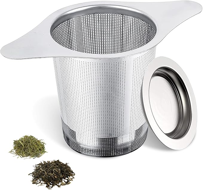 NKOVE Universal Tea Infuser with Lid Stainless Steel Filter Fits Mugs Cups Teapots Food Grade, Ultra-Fine Mesh, 304 Stainless Steel, Ideal for Loose Leaf Tea - Rooibos, Black, Herbal, Green