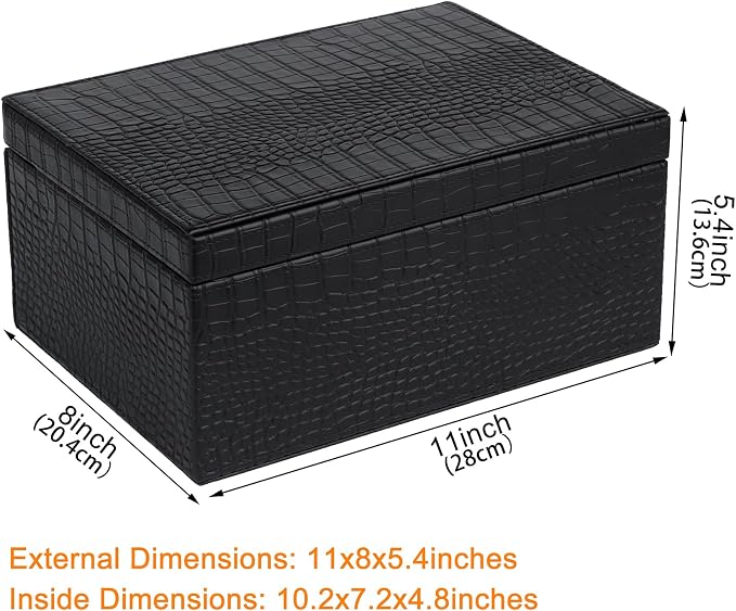 HofferRuffer Faux Leather Decorative Box, Large Wooden Structure Keepsake Box Accessory Organizer Jewelry Organizer with Hinged Lid, Storage Container for Home or Office (CrocoBlack)