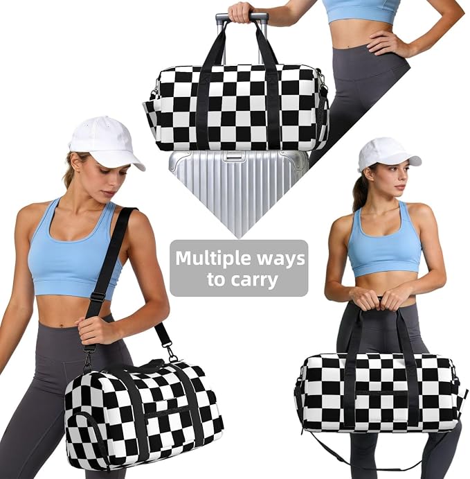Fiokroo Sports Gym Bag Black And White Checkered Travel Duffel Bag For Men Women With Shoe Compartment Water Resistant Gym Bag Carry On Duffel Bag For Weekend Traveling Yoga Gym Sports