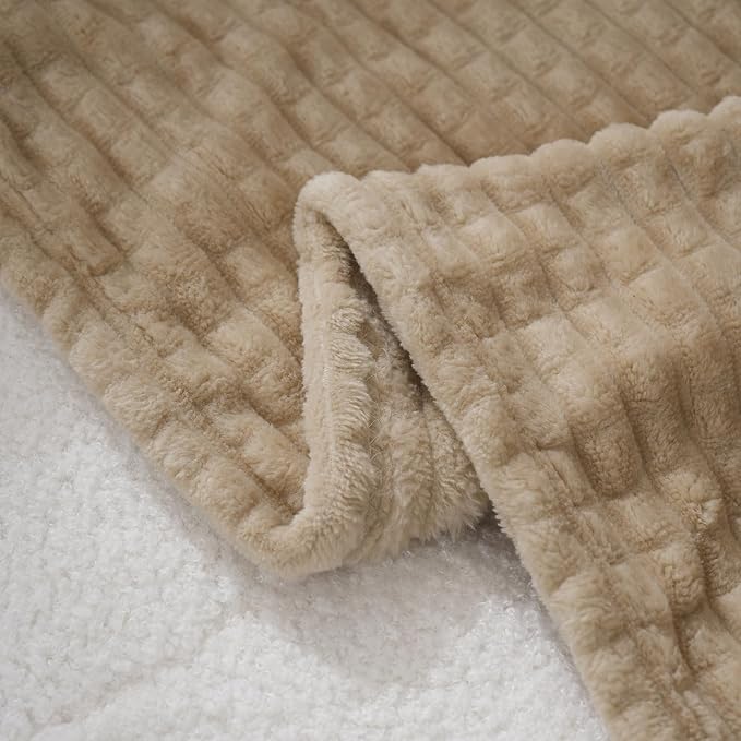 Puncuntex Fleece Throw Blanket Khaki 50"×60" with Square Grid Design | Super Soft Plush Cozy Flannel Throw Blanket Luxury for Couch Sofa Chair