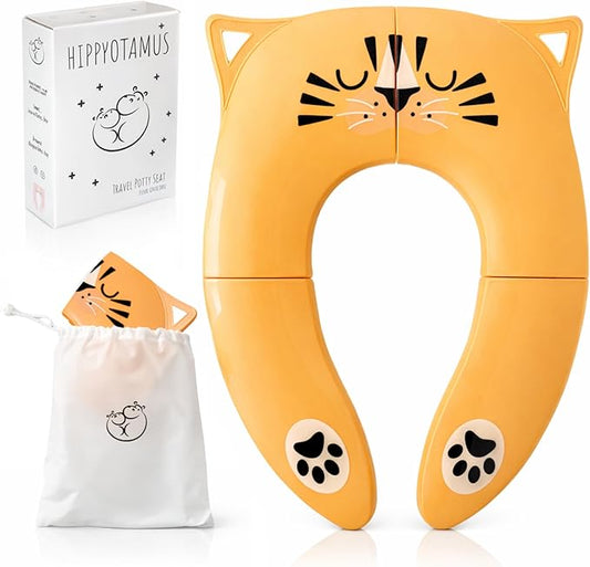 Hippypotamus Travel Potty Seat for Toddler - No-Pinch Folding Potty Training Seat - Non-Slip Silicone Grips - Includes Free Travel Bag (ORANGE Tiger)