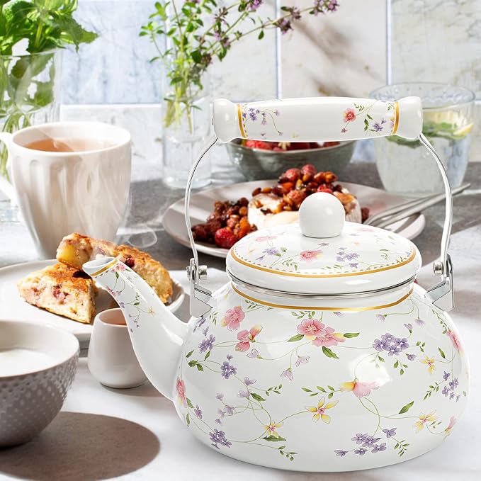 Jucoan Vintage Enamel Tea Kettle, 2.6 Quart Floral Enamel Water Kettle Teapot with Porcelain Handle for Stovetop Home Kitchen Camping, Housewarming Wedding Bridal Shower Mother's Day