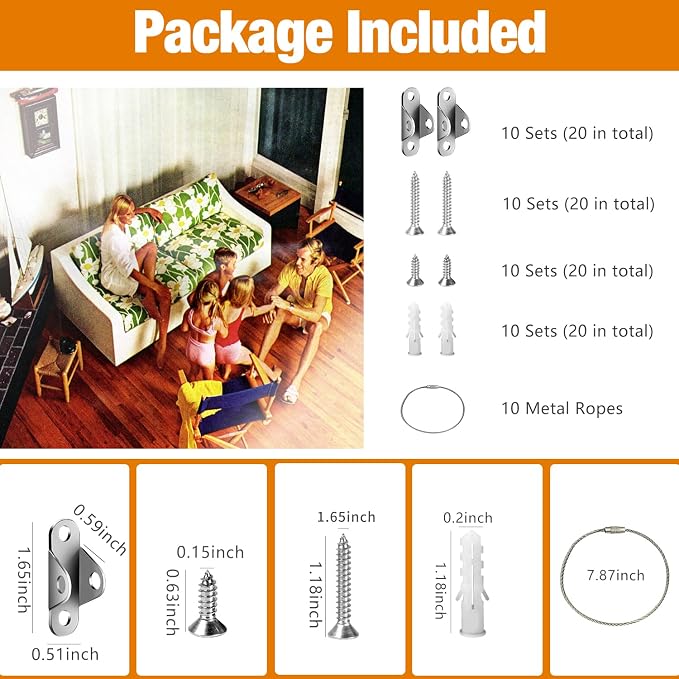 Ougourim Furniture Anchors (10 Packs) Anti Tip Furniture Anchors for Baby Proofing, Furniture Wall Anchor Earthquake Straps for Furniture Dresser Wall Safety Anchor Furniture Fasteners to Wall, Silver