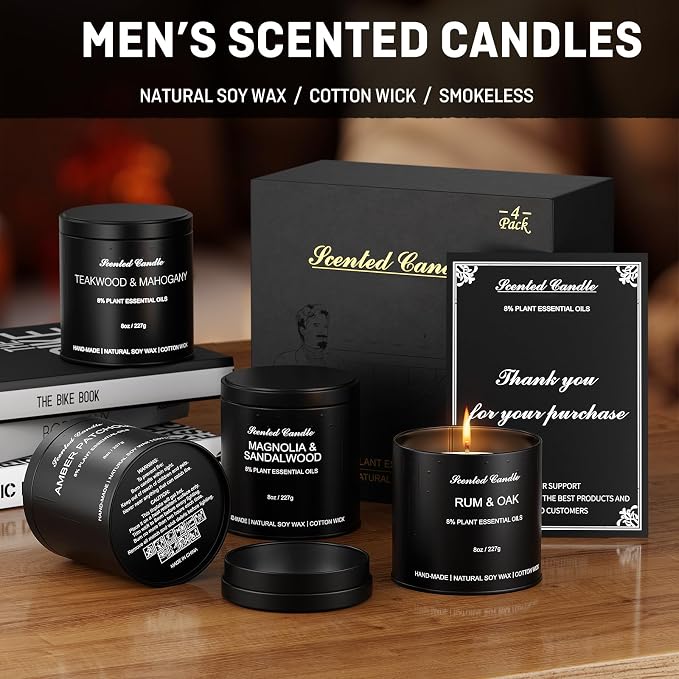 Men's Scented Candles Gift Set - 4 Pack Luxury Masculine Scented Candles for Men, 8oz Natural Soy Wax Candles with 8% Essential Oil, Long Lasting Aromatherapy Candles for Home Fragrance,Men,Him