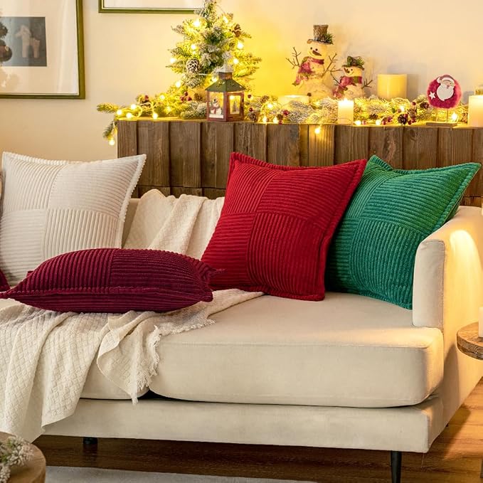 MIULEE Decorative Throw Pillow Covers for Couch 18x18 Inch White 2 Pack | Boho Broadside Striped Patchwork Pillow Covers, Soft Corduroy Cushion Cases, For Sofa Bed Livingroom Home Decor