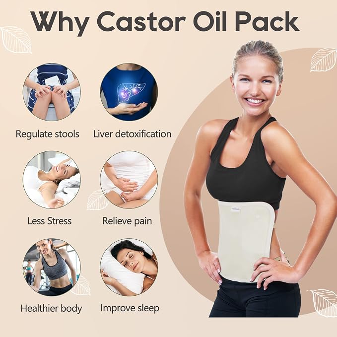 Haootadiy Castor Oil Pack Compress | Liver Detox, Constipation Relief, Better Sleep, 4 Pc Bundle with Two Flannel Liner Packs, Reusable