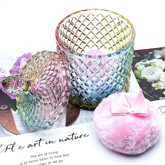 Luxury 4.2 Inch Glass Powder Container with 2 Plush Puffs｜Non-Sealed Refillable Organizer for Body Powder&Makeup｜Setting Powder Applicator w/Loose Powder Storage(Pointed Cylinder-Colorful-Large)