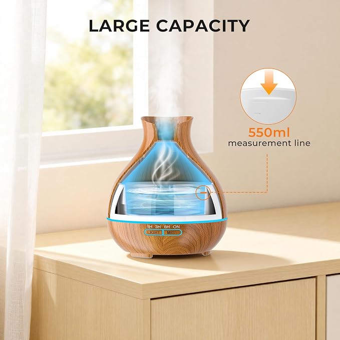 Aromatherapy Essential Oil Diffuser 550ml 12 Hours Wood Grain Aroma Diffuser with Timer Cool Mist Humidifier for Large Room, Home, Baby Bedroom, Waterless Auto Shut-off,7 Colors Lights Changing
