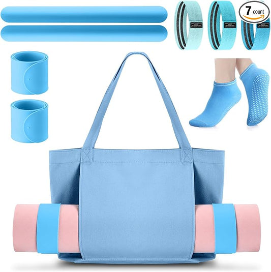Halloscume Yoga Bag Set for Women Including Yoga Mat Tote Bag, Booty Resistance Bands, Non Slip Sports Socks Silicone Ties for Pilates Travel Workout Office Home Gym