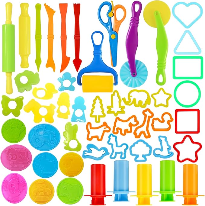 LCY WEDSHI Dough Tool Set, 49 Pcs Dough Tools Sets for Kids Ages 4-8, Dough Accessories Includes Animal Molds, Cutters Roller, Rolling Pins, Safety Scissors, Plastic Knife