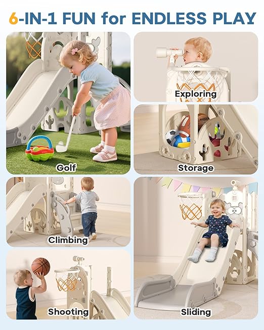 BIERUM Toddler Slide for Kids,6-in-1 Indoor Outdoor Toddler Slides Playground with Basketball Hoop, Golf Game & Telescope, L-Shaped Baby Slide Climber Playset, Cream&Gray