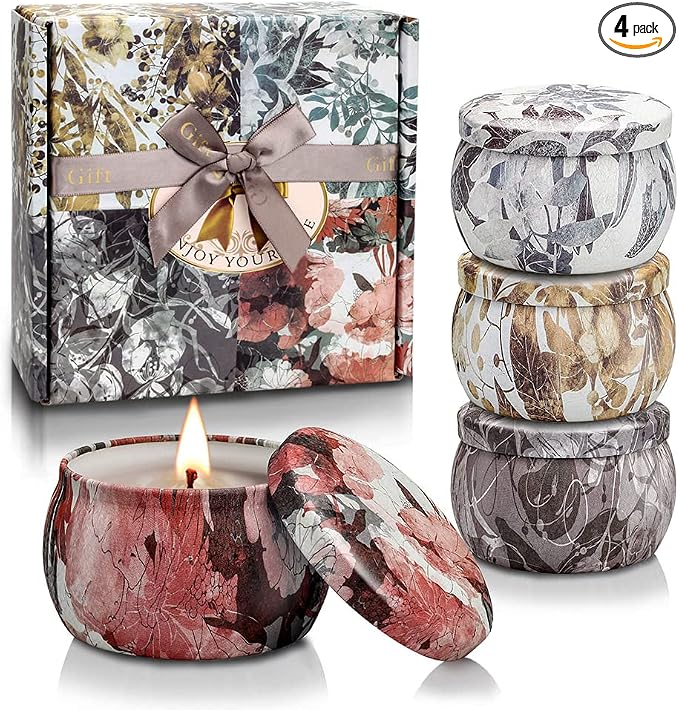 Scented Candles Gift Set, Aromatherapy Candles for Home Scented, 4.4 Oz Pack of 4 Tin Long Lasting Soy Candle, Birthday Gifts for Women Mom Bath Spa Meditation Bathroom Gift
