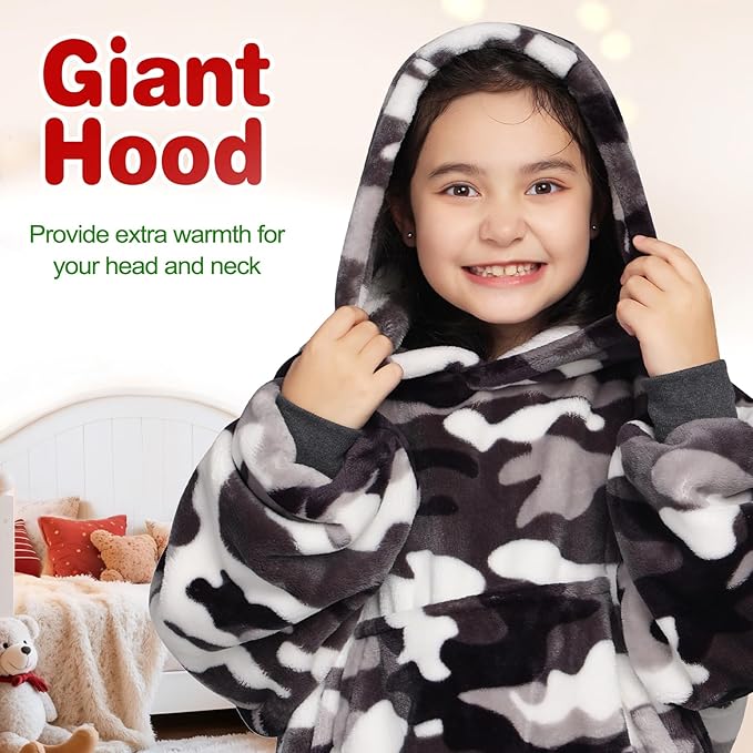 Waitu Wearable Blanket for Kids, Wearable Blanket Hoodie Gifts for Teens Girls and Boys, Warm Blanket Sweatshirt for Teenage, Hoodie Blanket with Sleeves - Camo
