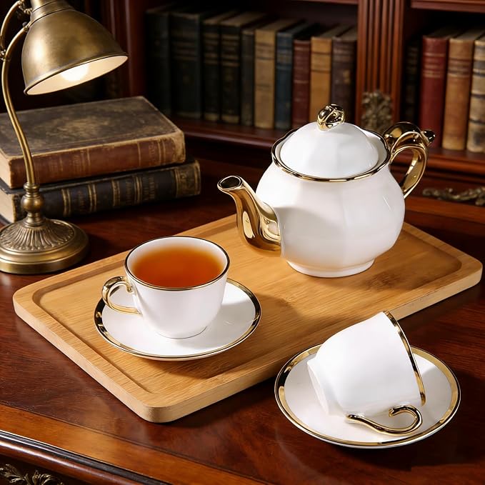 20-Piece Porcelain Tea Sets for Adults, British Style Tea Party Sets for 6 Adults, Includes Tea Cups and Saucers, Teapot, Spoons & Metal Rack, Elegant Ceramic Tea Set for Women, Wedding & Home Decor