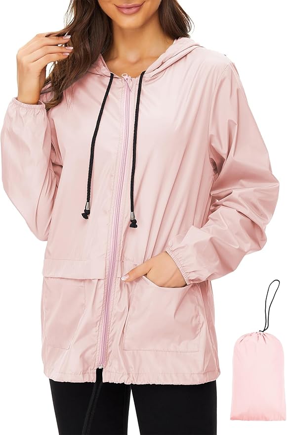 Zando Lightweight Rain Jacket Women Packable Waterproof Raincoat with Hood | Windbreaker Jacket Women, Light Raincoats for Drizzle, Rain Coats for Travel, Hiking and Commute